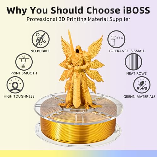 Image of iBOSS PLA Plus (PLA+) 3D Printer Filament 1.75mm+ /- 0.02mm,1kg (2.2lbs) Silk Shiny Filament 3D Printing Filament,Smooth Silky Surface,Shiny Gold PLA Pro 3D Filament,Fit Most FDM Printer (Slik Gold)