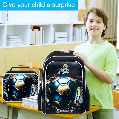 Image of gxtvo 3PCS Soccer Bookbag for Boys, 17 inch Kids Football Backpack with Lunch Box, Water Resistant Middle Elementary Letter School Bag - Blackgold Football