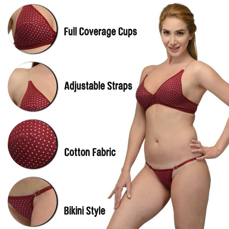Image of Women`s Cotton Non-Padded Floral Solid Lingerie Bra & Panty Set S to 3XL