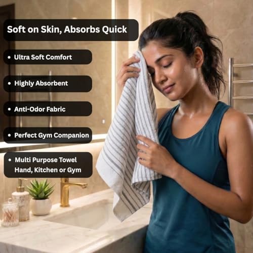 Image of Athom Living Premium Hand Towels- Cotton, 400 GSM, Ultra Soft, Quick Dry, Highly Absorbent | for Hand, Kitchen and Gym | 60 * 40 cm, Pack of 4 (White with Grey Stripes)