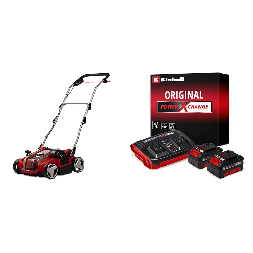 Einhell Ge-Sc 36/35 Li - Solo Wertykulator Akumulatorowy, Czarny/Czerwony, 35 cm szerokość robocza & Einhell Pxc Zestaw Akumulator z Ładowarką, Czarny/Czerwony, ‎22.1 x 18.5 x 7.7 cm