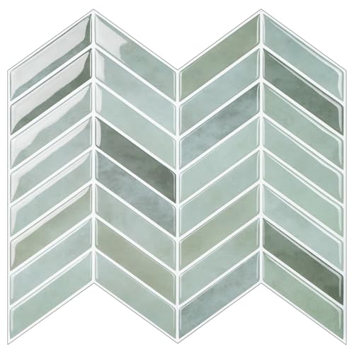 Alwayspon 10 Sheet 10inchx10inch Sage Green 3D Herringbone Vinyl Wall Tile Sticker Transfers, Peel and Stick Self-Adhesive Waterproof Splashback Stick on Tile Decals for Kitchen Bathroom Wall