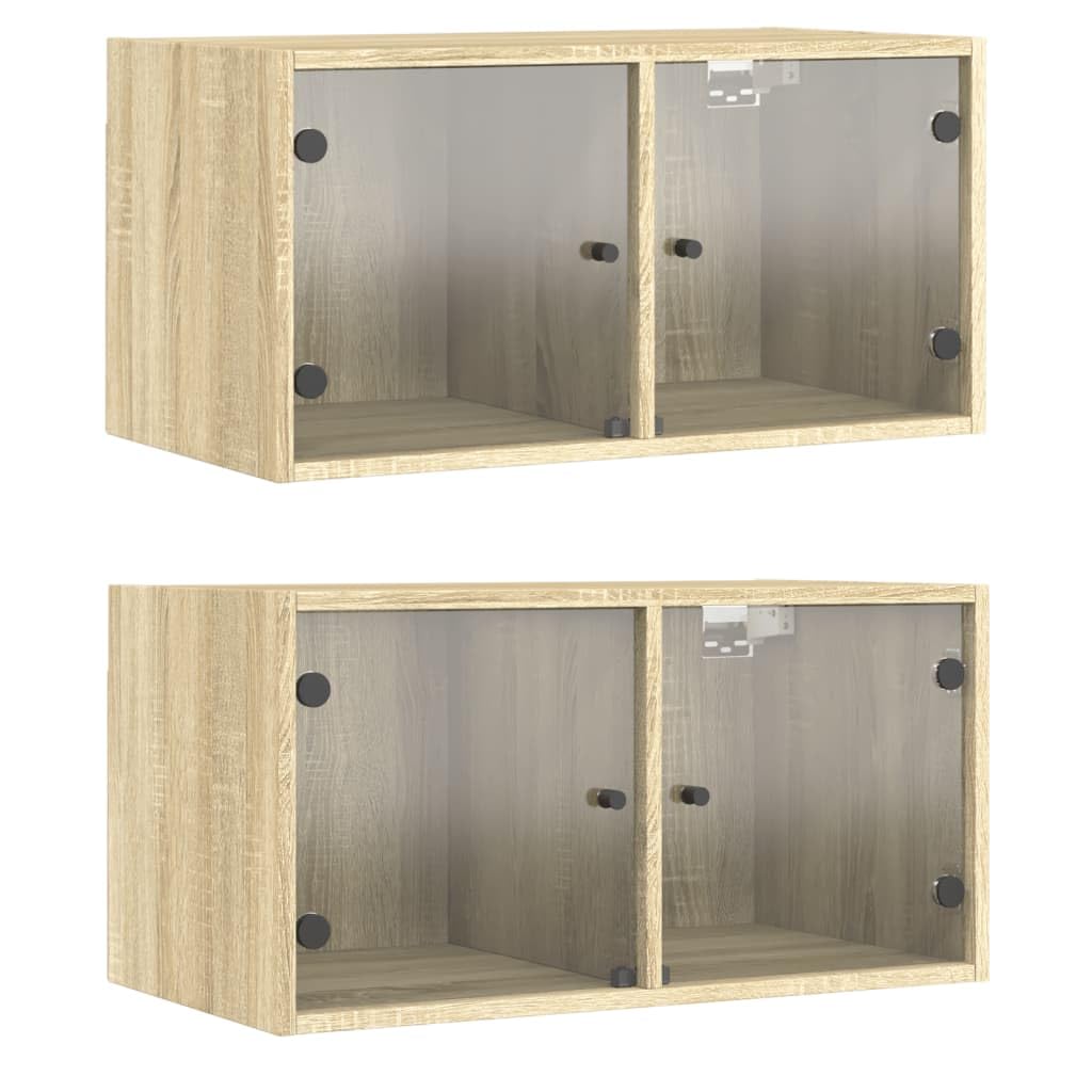 Wandschränke mit Glastüren 2er Set Sonoma Eiche 68,5 x 37 x 35 cm Büro Schrank Modernes Design Robustes Holzwerkstoff Regal für Büro Flur Wohnzimmer und Schlafzimmer
