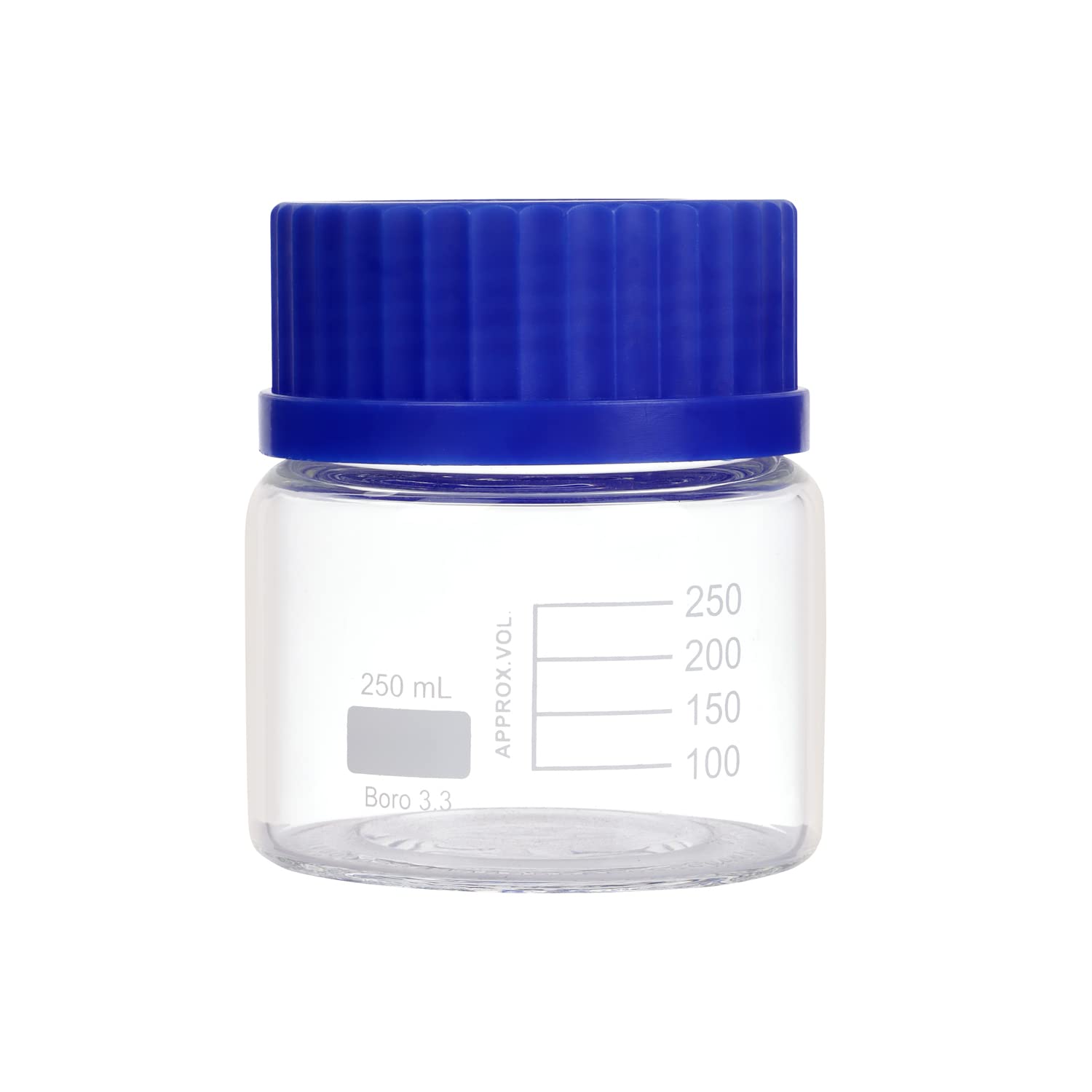 Paquete de 4 botellas de vidrio de borosilicato de boca ancha graduadas redondas de 250 ml con tapa de rosca azul GL80