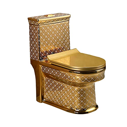 Inodoro moderno sifónico, una pieza con doble descarga silenciosa, color dorado, altura universal, de cerámica para baño en casa u hotel (305 mm, 680x380x760 mm) miniatura 1