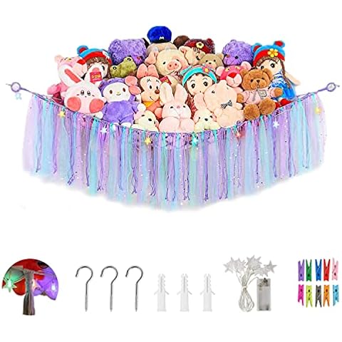 Stuffed Animal Net or Hammock with Led Light-Large,Hand Woven Corner Mesh Soft Toy Storage Hanging Wall Toys Holder with Lace Tassels for Kids Room Playroom Decor,Kids Gift Cover