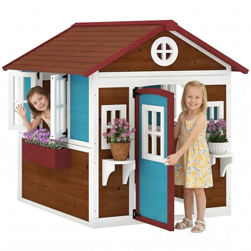 Outsunny Casa de Jardín Infantil Casa de Madera para Niños con Puerta Ventanas Jardineras y Soportes de Flores 114x126,4x135 cm Marrón Oscuro
