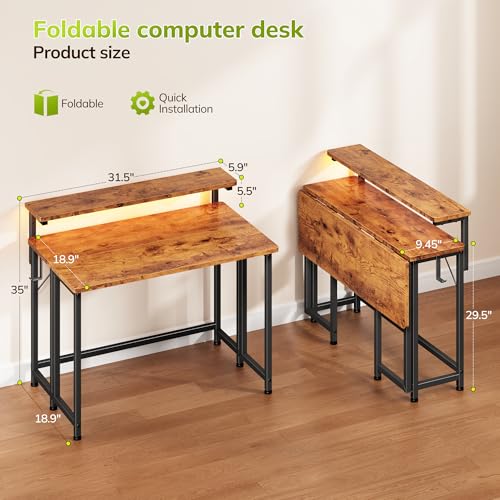 Image of Folding Table with RGB Light for Small Space, 31.5 inch Folding Computer Desk for Space Saving Sofa Table for Couch, Home Work Office Desk with Monitor Stand, Easy to Fold with Hooks,Rustic Brown