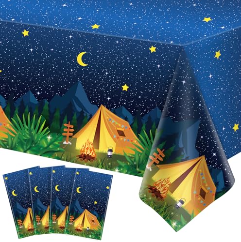 Top 5 Camping Tablecloths: Your Essential Guide 4 TJYJOY 4 Pack Camping Tablecloth Campfire Theme Birthday Party Table Cloth Camp Party Decorations Nature Hunting Table Covers for Forest Adventure Picnic Hiking Camping Parties Supplies 51 x 86 in