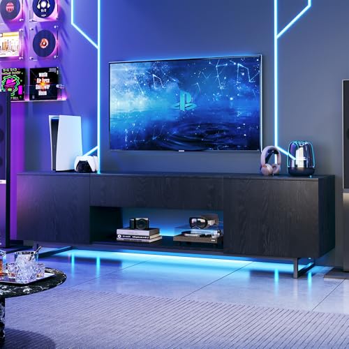 TV Stand for 75 inch TV, Entertainment Center with LED Light, Modern Wood TV Console with Texture Entertainment Stand with Highlight Storage Cabinet for TVs Up to 70-80' Black