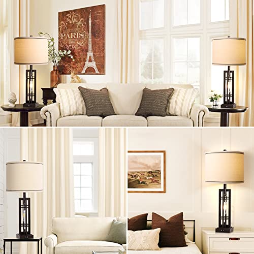 Rottogoon Table Lamps With Usb Ports, 27.5" Tall Farmhouse Table Lamp With Led Nightlight Blub, Bedside Lamp Oil Rubbed Bronze Off White Oatmeal Shade For Living Room Bedroom Home Office #TOP6