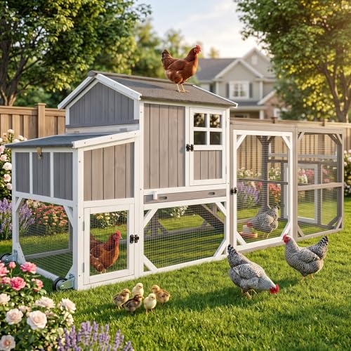 Image of Large 95.3 in Outdoor Chicken Coop with Run & Wheels for 3-6 Chickens | Wooden coop with 3-compartment nesting box, 2 dividers, pull-out tray, UV-resistant roof, predator-resistant wire mesh