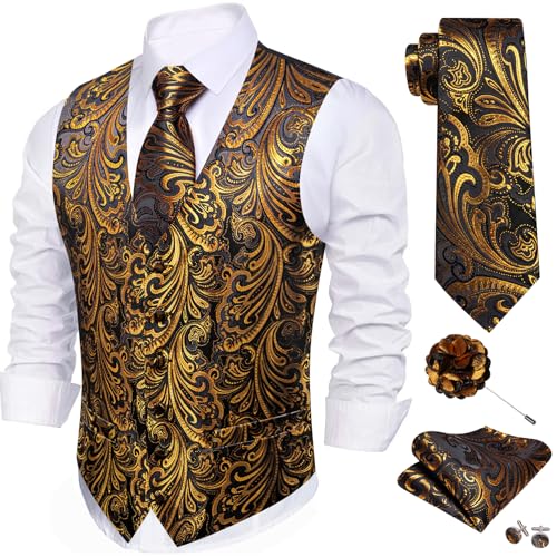 Image of Barry.Wang Formal Men Flower Vest Paisley Jacquard Silk Ties Suit Waistcoat Set Wedding 5PCS