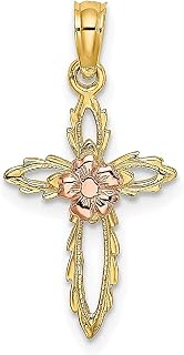 Colar de dois tons de ouro amarelo 14k com cruz religiosa flor pingente paixão joias finas para mulheres presentes para ela, Pedra Ouro amarelo
