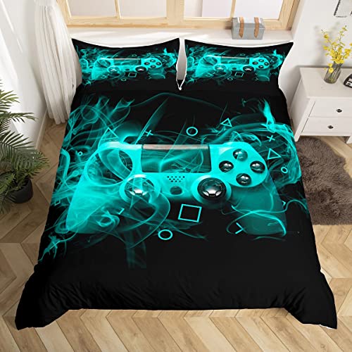 Loussiesd Jugendliche Gamer Bettbezug Set Blau Schwarz Geometrie Gaming Bettwäsche Set 135x200cm Gamepad Bettbezug Jungen Mädchen… – Ansicht 1