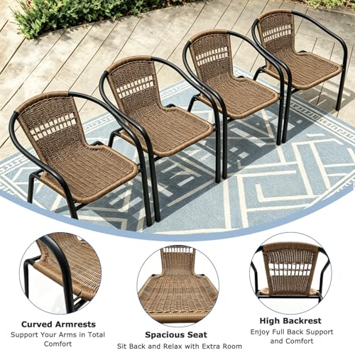 Image of 4 Stackable Wicker Patio Chairs, Weather-Resistant Outdoor Seating, Ideal for Balcony Porch Lawn & Small Patio Furniture Set Decor, Brown