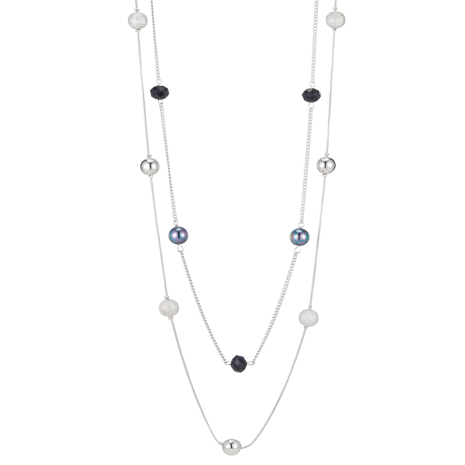 Silver Layered Long Necklace for Women Pearl Crystal Sweater Strand Chain Necklaces Fashion Gifts