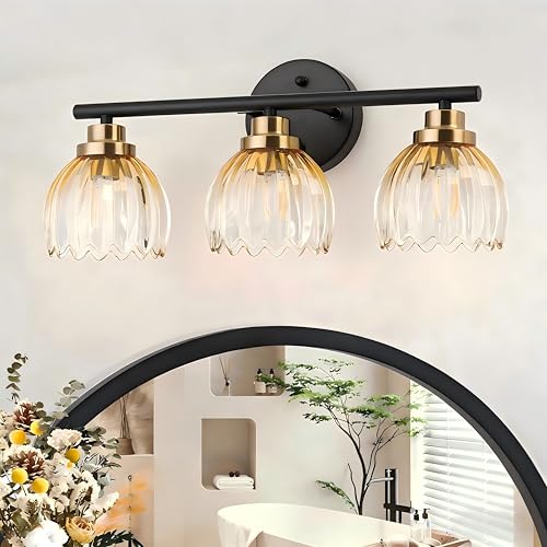 TALOYA Black Gold 3-Light Bathroom Vanity Light with Amber Tulip GlassShade