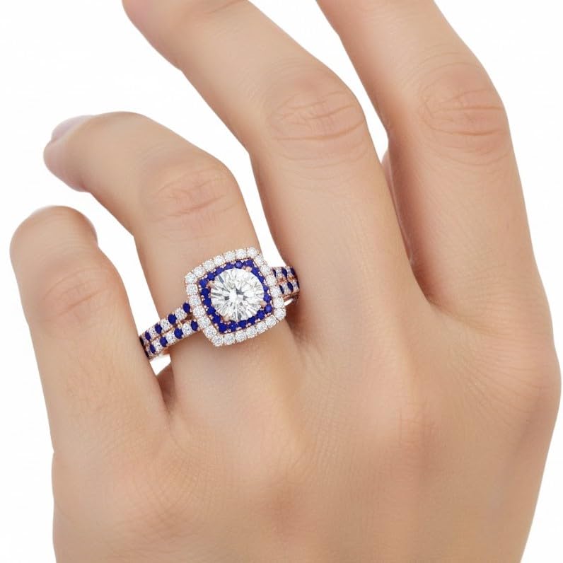 Image of 55Carat Choose Your Gemstone Double Band Square Halo Diamond CZ Ring 18K Rose Gold Plated Round Shape Halo Engagement Rings Everyday Jewelry Wedding Jewelry Handmade Gifts for Wife US Size 4 to 12