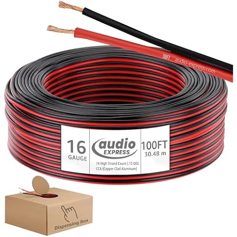 Audio Express 100ft 16-Gauge Audio Stereo Speaker Wire Cable,100 Feet,30.48 Meters,2 Conductor,Flexible Red-Black PVC, CCA, Dispensing Box,Home Theater, HiFi,Auto,Hook-Up,74 High Strand Count (.15 OD) Cover