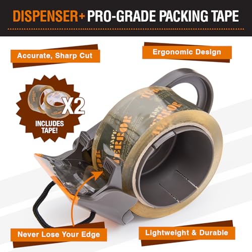Tape Terror Fita de Embalagem Transparente com Dispensador(2 Rolos)- Fita de Nível Profissional para