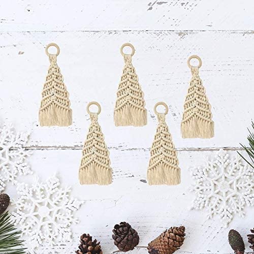 Handmade Modern Holiday Decor Christmas Ornaments Woven Macrame Tree Ornament Hanging Rustic Farmhouse Style, Set of 6
