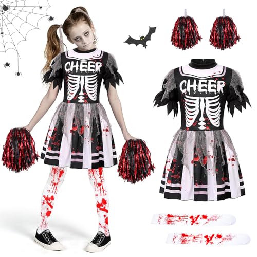 HUIKUANGEU Disfraz de Zombie Niña Halloween   Animadora, Esqueleto, Colegiala Zombi para Fiestas Infantiles