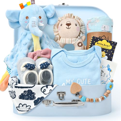 Image of Golray 9pcs Baby Shower Gifts for Boys Newborn Kit From Auntie, Blanket/Elephant Soothe/Rattle/Baby Book/Onesies/Bib/Sock/Pacifier Clip, Baby Essentials Stuff Gift for Newborn Boy Nephew Friend Newmom