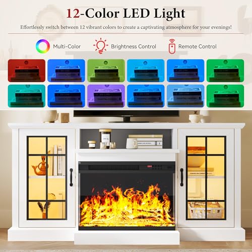 Image of MXV 59'' Fireplace TV Stand, Farmhouse Entertainment Center with 3 Sided Glass TV Stand, Modern Media Console Table with Storage Drawers & Cabinets with LED Flame and Lights for Living Room, White