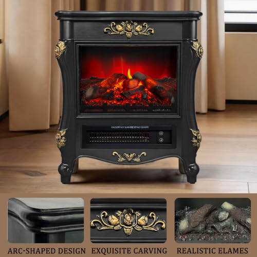 Image of FESTIVITY 18 inch Electric Stove Fireplace, 1500W Thermostat with 5100 BTU Heat Output, Adjustable Flame & Brightness Levels, Portable Electric Fireplace for Bedroom & Living Room-Black & Gold