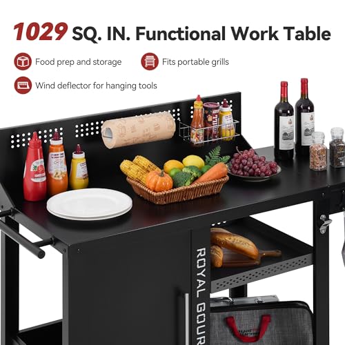 Image of PC4001B 3-Tier Prep & Work Table with Middle Shelf Black | Bottom Shelf, Side Shelf with Hooks, Storage Cabinet, Bottle Opener, Side Handle, 2 Wheels for Easy Mobility,