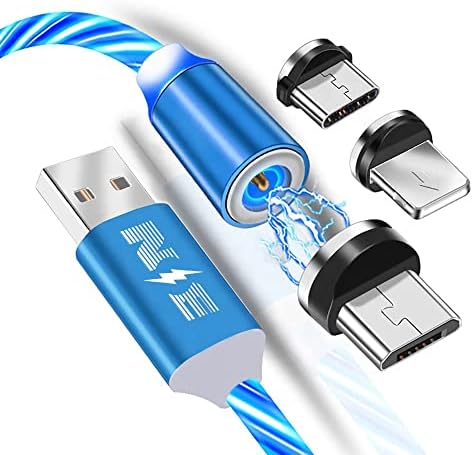NEW ENERGY © 3 in 1 Magnetic LED Charging 360° Rotating Cable Lead 2.4A, Multi Universal Magnetic Charger, Flowing LED Light, Micro USB/Type C/IOS (1m) (Blue)