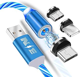 NEW ENERGY © 3 in 1 Magnetic LED Charging 360° Rotating Cable Lead 2.4A, Multi Universal Magnetic Charger, Flowing LED Light, Micro USB/Type C/IOS (1m) (Blue)