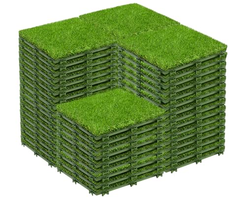 Mapleyard 54 PCS Interlocking Artificial Grass Tiles - 12 x 12 Outdoor Fake Grass Turf Tiles with Drainage Holes Grass Squares Deck Flooring Decor for Balcony Backyard Patio Pet