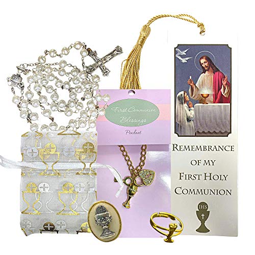 My First Communion Girl Gift Set with Jewelry, Rosary, Bookmark and Lapel Pin, Holy Sacrament Deluxe Gifts for Girls, 5 Items