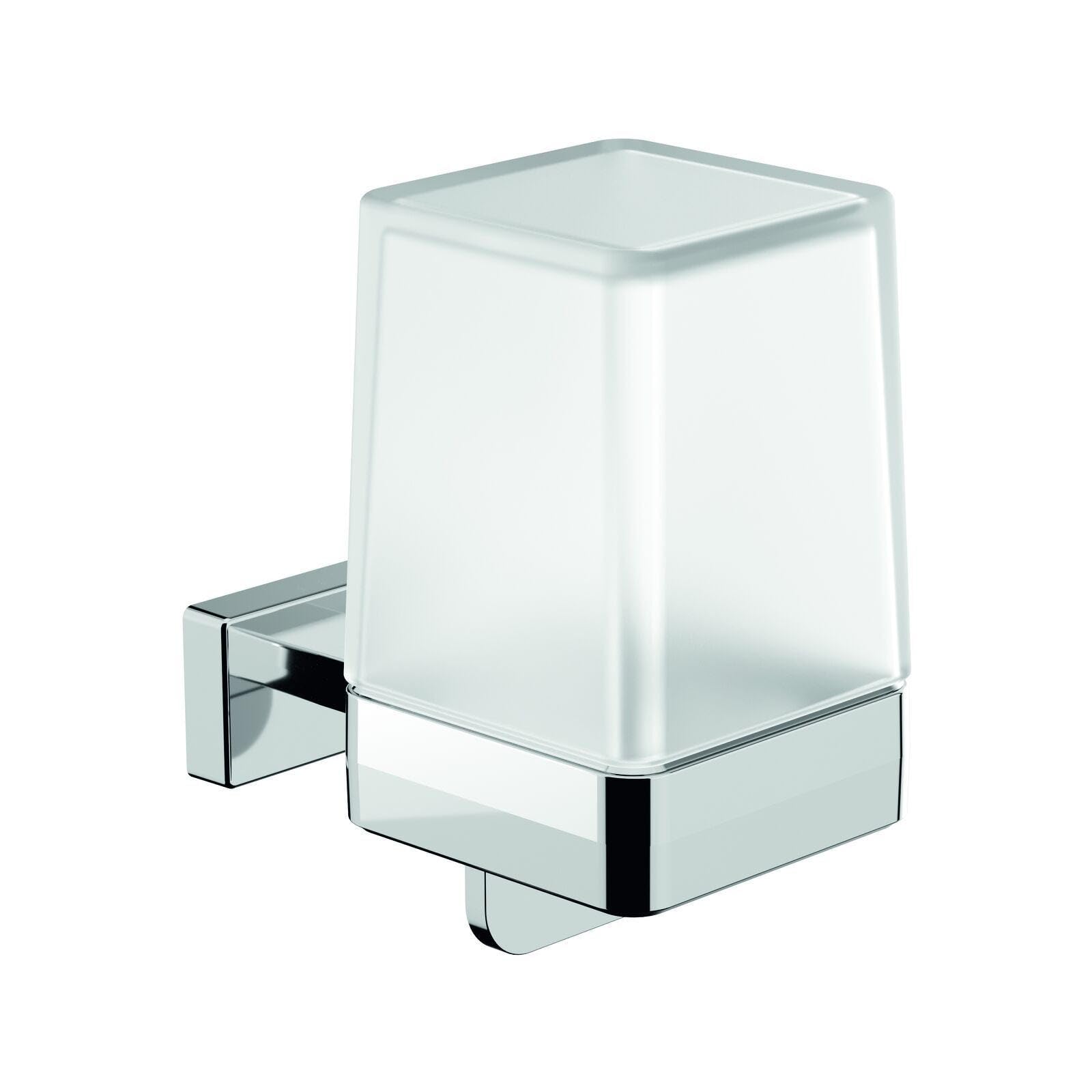 INDA | Jabonera de pared con palanca (6 x 10,7 x 10,6 cm) | Serie Lea, con recipiente de cristal satinado, de latón, fácil de instalar, anticorrosión, diseño esencial - cromado