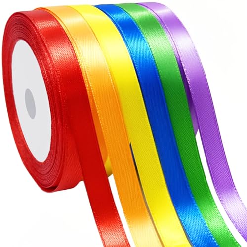 Hapidooda 3/8" 6 Colors X 25 Yards Rainbow Satin Ribbon,150 Yards Assorted Colors Satin Ribbons for Flower Bouquet,Ribbons for Gift Wrapping Happy Birthday Party Decorations