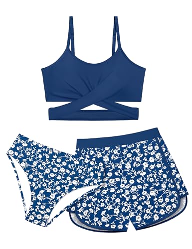 Image of Girls Swimsuit 3 Piece Bathing Suit Criss Cross Bikini Set Girls' Swimwear with Shorts 7-16T