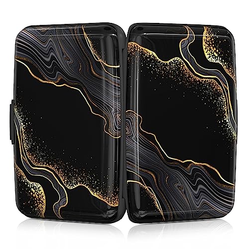 Image of Rimilak Aluminuml Credit Card Holder, Mini Credit Card Wallet RFID Blocking Slim Metal Hard Case for Women Men, Black Gold Mable
