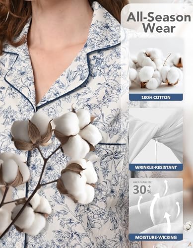 Image of NAP BOUND 100% Cotton Pajamas for Women 2 Piece PJs Set Long Sleeve Button Down Breathable Woven Sleepwear Loungewear XS-XXL