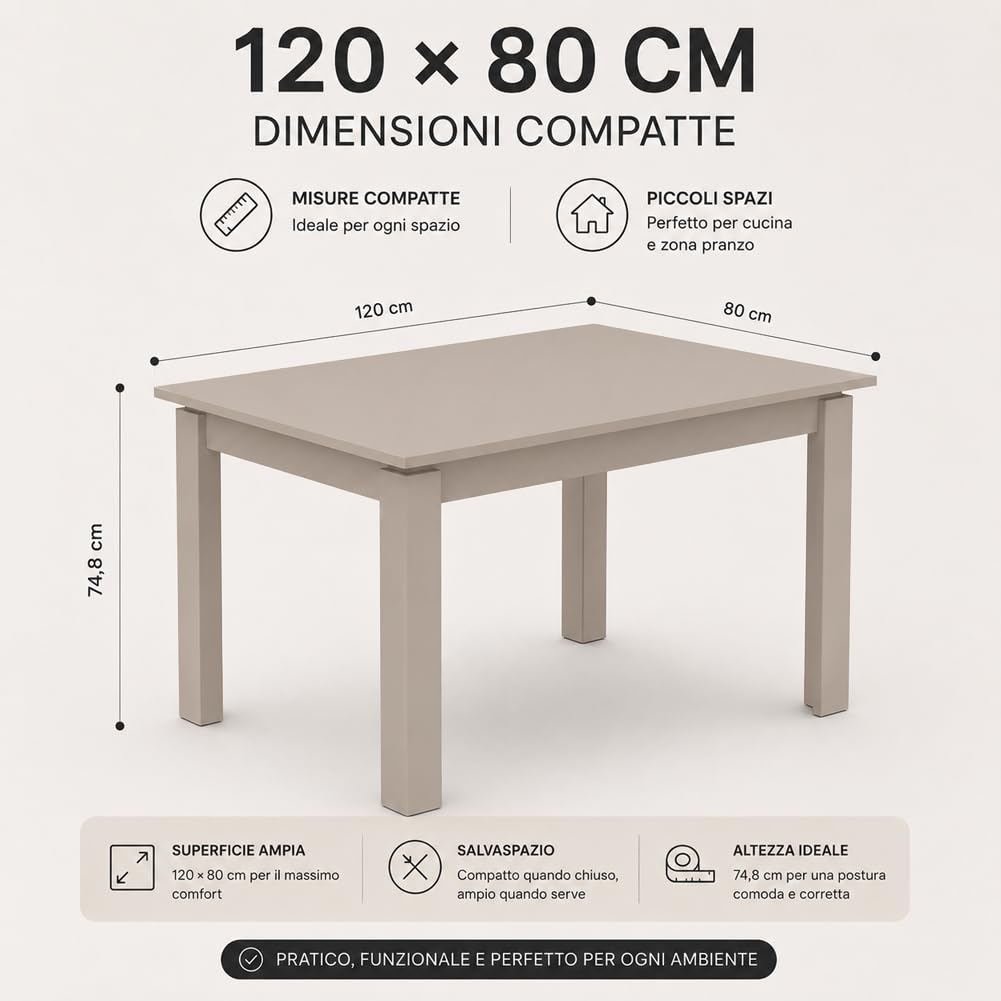 Shally Dogan Tavolo da Pranzo Allungabile da 120 a 170 cm, Struttura Resistente in Legno Rettangolare da 6 a 8 Persone, Apertura Semplice, Ideale per Sala da Pranzo, Soggiorno e Cucina