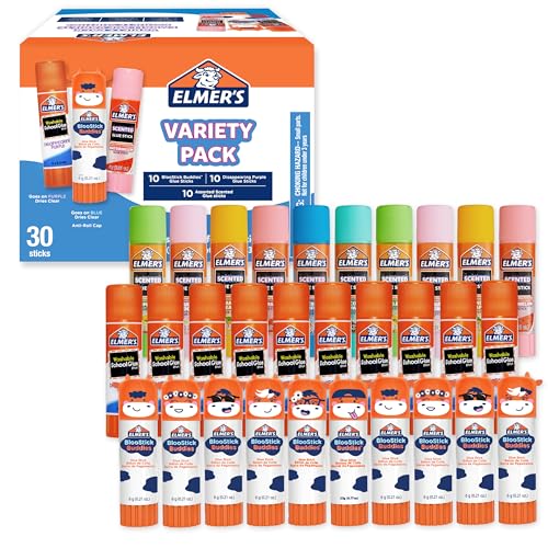 Elmers Glue Sticks Variety Pack Featuring BlooStick Buddies Disappearing Purple and Scented Glue Sticks Assorted 6 Grams 30 Count - Arts & Crafts Fun Classroom Supplies #1 Teacher Brand