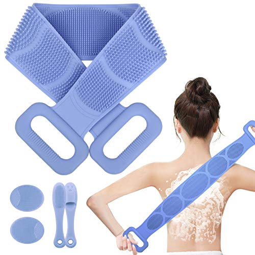 Silicone Body Scrubber for Shower, 2020 New Back Scrubber Gentle Exfoliating, Double-sided Long Silicone Bath Body Brush Easy to Wash Back, Improve Blood Circulation for All Skin Types (80CM, Blue)