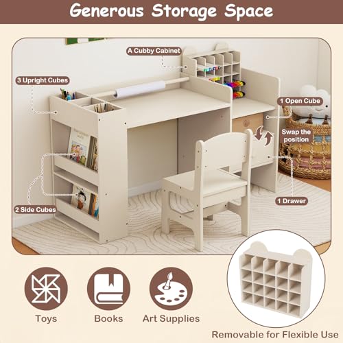 Image of Costzon Toddler Table and Chair Set, 2-in-1 Art Desk Set with Paper Roll | Drawing Table and Stool w / Cubby Cabinet, Storage Drawer and Side Book Rack for Drawing, Studying, Reading & Activity Play