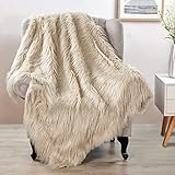 BYTIDE Mongolian Long Hair Faux Fur Plush Throw Blankets with Micromink Back, Soft Luxury Furry Fuzzy Shaggy Throw for Couch Sofa Chair Bed Cover Bedroom Living Room, 50 x 60 Inches, Oatmeal
