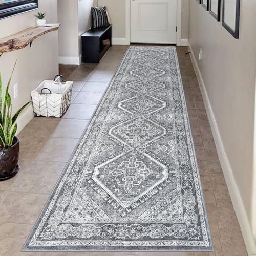 KUTA Oriental Washable Long Runner Rug 2.6x12, Non-Slip Hallway Kitchen Rugs Grey with Rubber Backing, Ultra Soft Printed Distressed Medallion Extra 12ft Carpet Runners for Bedroom