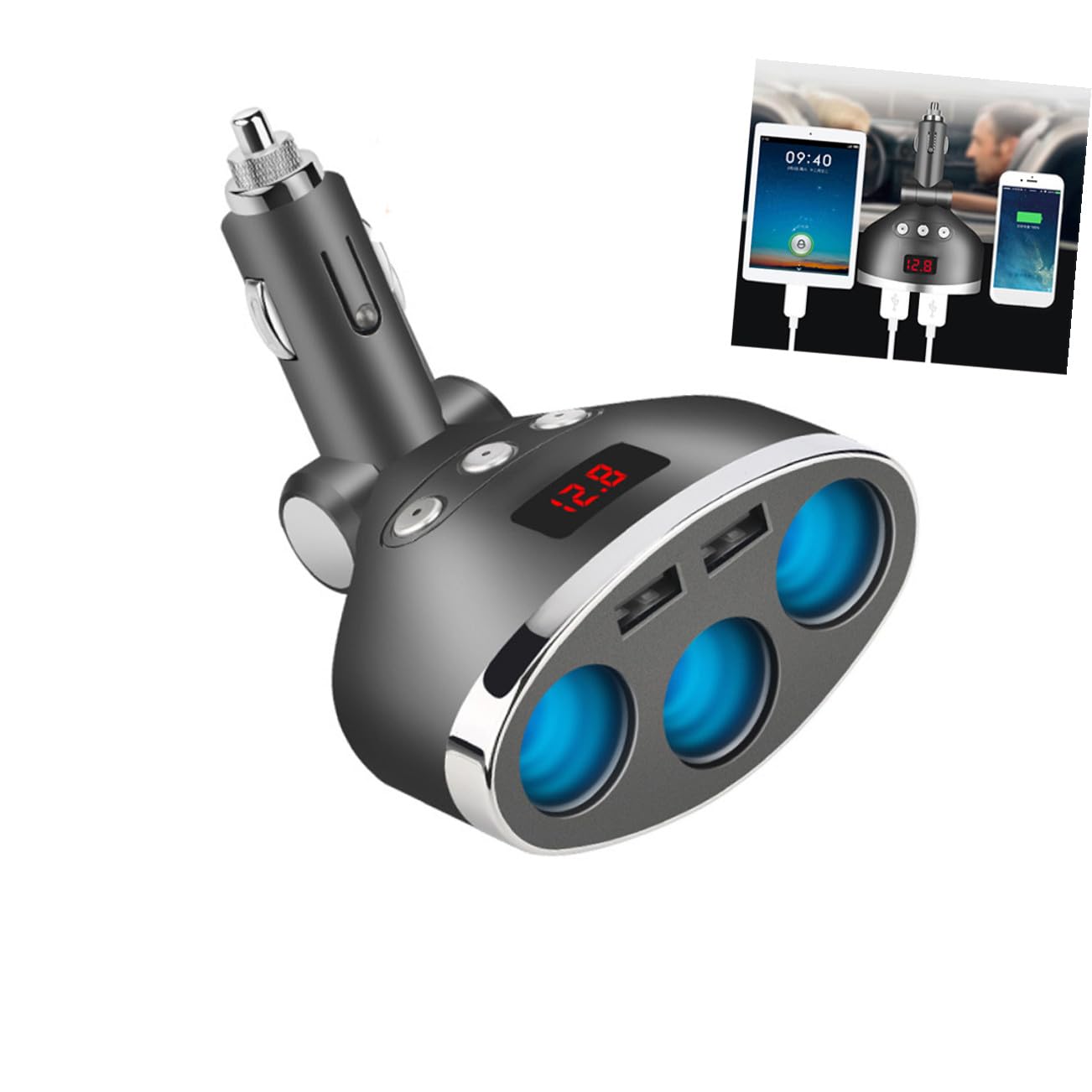 ULTECHNOVO 3piezas Cargador De Coche con Puertos Mechero y Doble USB Adaptador De Cargador para Dispositivos Móviles y De Encendido Apagado Pantalla Led De Voltaje Compatible Vehículos