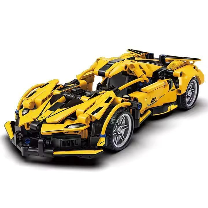 Image of 1:18 Scale Pull-Back Racing Car Building Block Set (422 PCS) | Creative Assembly Toy for Collectors & Enthusiasts | Compatible Brick Model Kit for Racing Fans (Yellow Ferrari (422pcs))