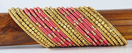 Image of NMII Watermelon Color Silk Thread & Glass Bangles Set For Girls & Women (Watermelon,2.2)