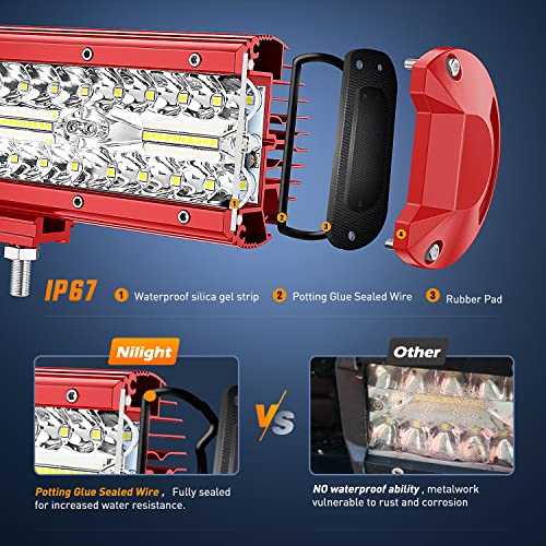 Image of Nilight LED Lights 2PCS 6.5 Inch with Wiring Kit on Truck SUV, Red Shell | Triple Row Spot Flood Combo, 16AWG Harness, Fog Driving Work Off-Road Lighting on Boat Tractor Golf Cart UTV ATV, ZH802